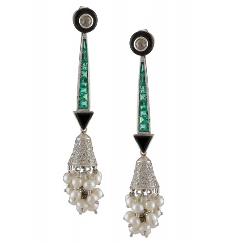 18kt Gold Diamond Studded Geometric Emerald Pearl Jhumki Earrings from Amrapali. (2,426 US)